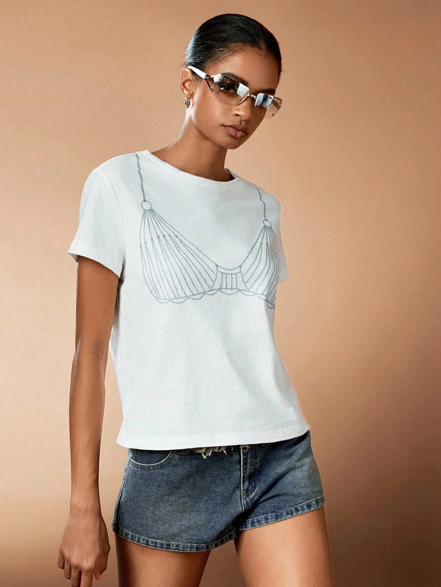 Forever 21 NỮ Mùa hè giản dị Cơ thể In Ngắn tay Áo thun - trắng - Xem 1