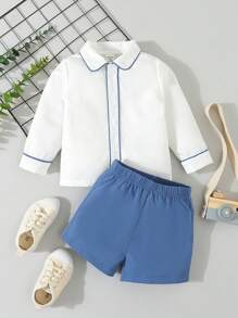 Baby Boy Spring And Autumn Casual And Comfortable Shirt And Pants Set - Blue - View 1