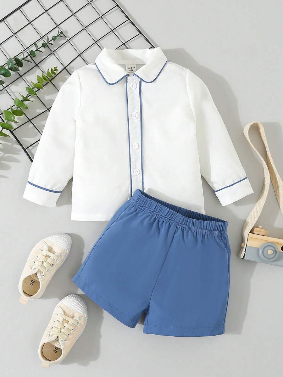 Baby Boy Spring And Autumn Casual And Comfortable Shirt And Pants Set - Blue - View 1