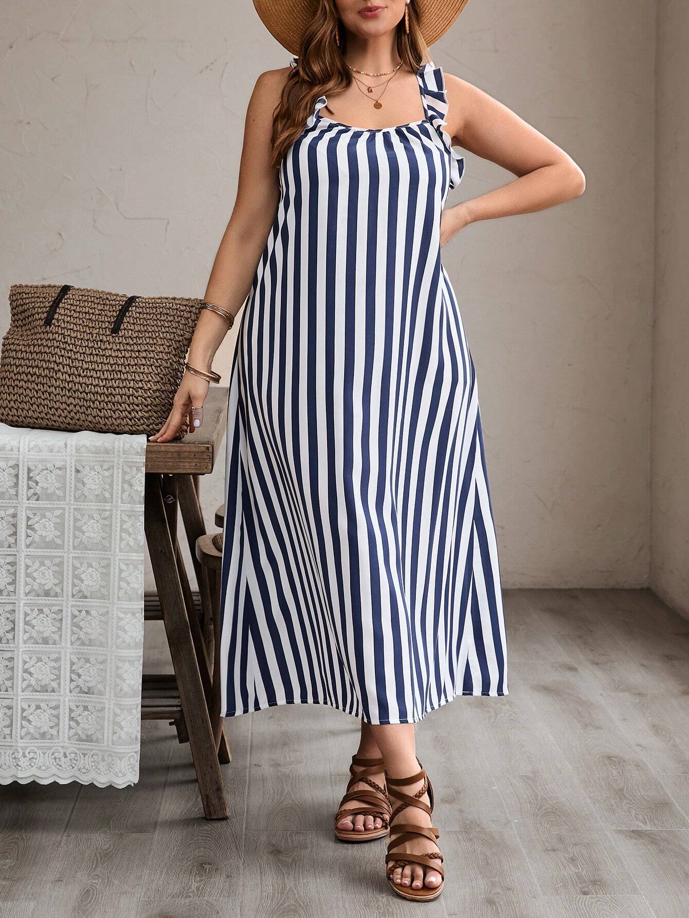 SHEIN VCAY Vestito a righe blu e bianche taglie forti senza schienale ...