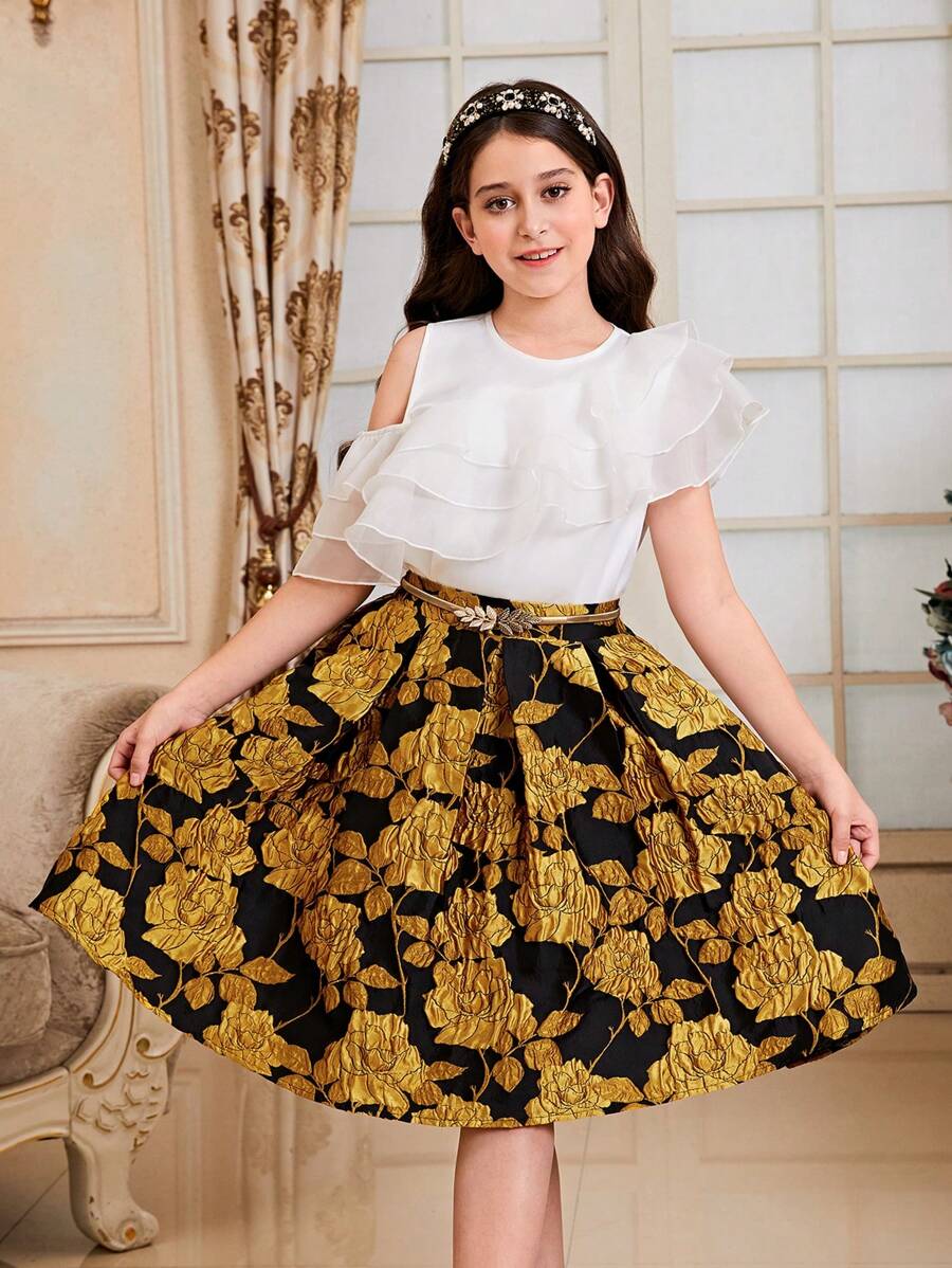 SHEIN 2pcs Tween Girls' Matching Set: Ornate Layered Ruffle Collar Shirt And Floral Jacquard A-Line Skirt - Black - View 1