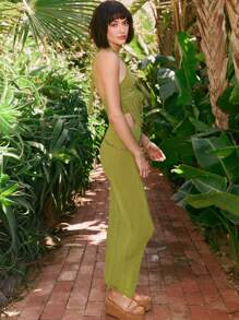 GABRIELLE NTI Designer Sexy Metal Ring Ruched Open Back Crop Halter Top For Summer, For Summer, Holiday, Going Out, Festival - Green - View 4