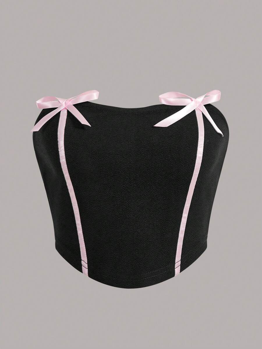 SHEIN MOD Áo nữ Bất đối xứng Tương phản ràng buộc màu trơn Giải trí - màu đen - Xem 1