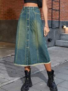 Falda vaquera con botones y abertura en la parte delantera - Azul lavado oscuro - Ver 1