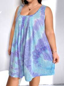 SHEIN CURVE+ Plus Size Tie-Dyed Folded-Neckline Pleated Dress - Dusty Blue - View 3
