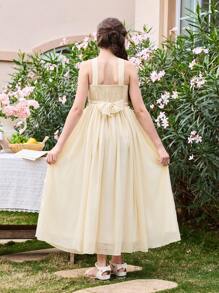 SHEIN Tween Girls Chiffon Halter Neck Flower Printed Wedding Season Long Dress - Champagne - View 2