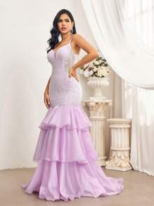 SHEIN Belle Elegante vestido ajustado con diseño de Body de sirena en estilo princesa con copa de pecho con tirantes spaghetti de tela de organza de encaje púrpura y ribetes de volantes de triple capa en el dobladillo y tirantes spaghetti para ocasiones formales de noche adecuado para ropa para padres e hijos para actividades de padres e hijos temporada de bodas temporada de graduación Día de la Madre festival de música fiesta formal de damas vestido de noche prom