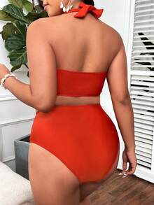SHEIN Swim Curve 大尺碼夏日海灘假期橙色V領頸掛脖比基尼套裝 - 橘色 - 查看 2