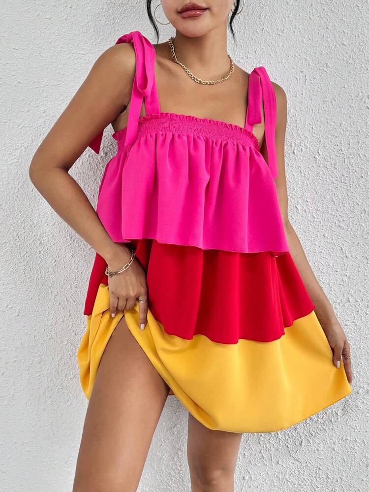 Multilayer Color Block Wide Strap Butterfly Tie Cami Dress For Summer