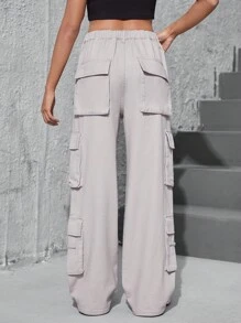 Teen Girl Y2K Street Cool Light Grey Nhiều túi Thắt lưng thun tiện ích Quần jean ống đứng - Xám - Xem 1