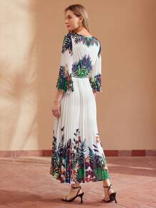 MOTF PREMIUM TROPICAL PRINT V-NECK BELTED DRESS