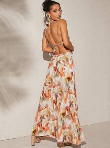 Hauture Print Cut Out Halter Backless Dress - Multicolor - View 2