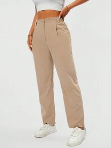 SHEIN PETITE Women Solid Color Daily Wear Casual Straight-Cut Long Pants - Khaki - View 6