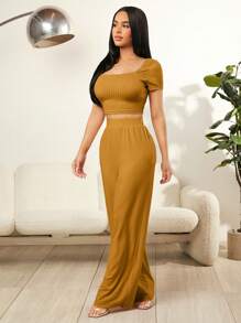 SHEIN SXY Conjunto de top y pantalones para mujer de color sólido con cuello cuadrado y detalles acanalados. - Marrón - Ver 4