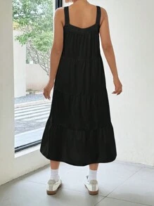 SHEIN EZwear 女士純色簡約日常長款A字形無袖肩帶裙 - 黑色 - 查看 2