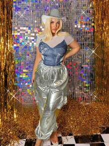 SHEIN SXY Plus Size damski, dżinsowy, z nadrukiem kieszeni, kontrastowa siateczka, seksowny kombinezon, odpowiedni na lato, randkę, urodziny, wieczór panieński, swobodny, zakupy, odzież uliczną, wyjścia, wakacje, plażę, łatwy do dopasowania i wygląda szczupło, podkreśla figurę