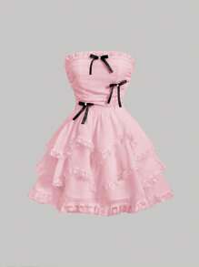 SHEIN MOD Vestido blanco sin tirantes para mujer con decoración de lazo - Rosa - Ver 1