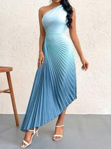 Firerie 夏季漸變色單肩露腰褶皺不對稱裙擺洋裝