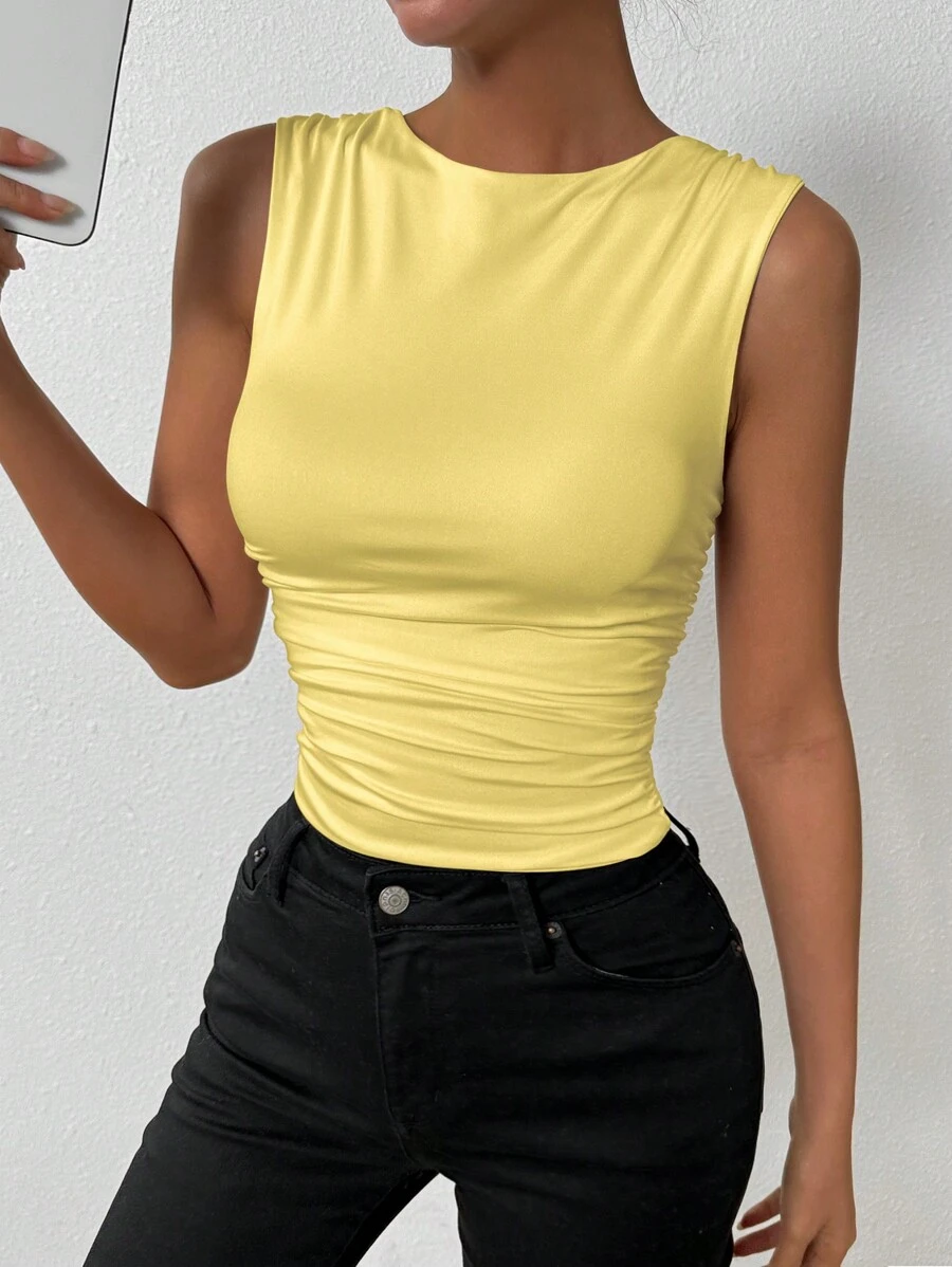Chiquease Solid Color Pleated Slim Fit Tank Top For Summer - Yellow - View 1