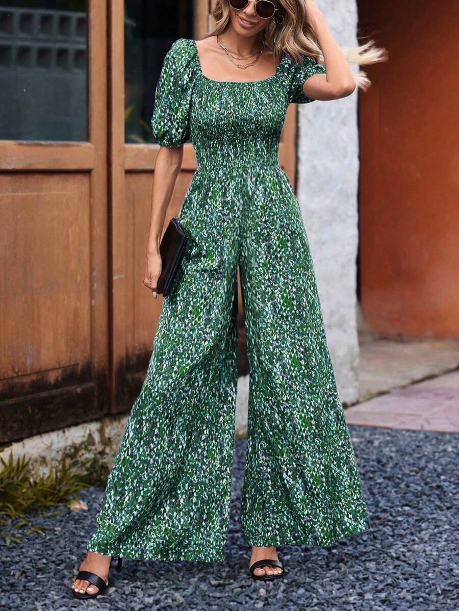 SHEIN LUNE Của phụ nữ Bong bóng Ngắn tay Áo liền quần Với In toàn bộ Và Áo choàng mặt trước Bảng - màu xanh lá - Xem 1