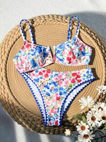 Swim Mod Conjunto de bikini con estampado floral para playa de verano y cuello en V con separación