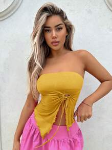 SHEIN ICON Top asimétrico sin tirantes con abertura delantera y dobladillo dividido con cintas ajustables - Amarillo - Ver 1