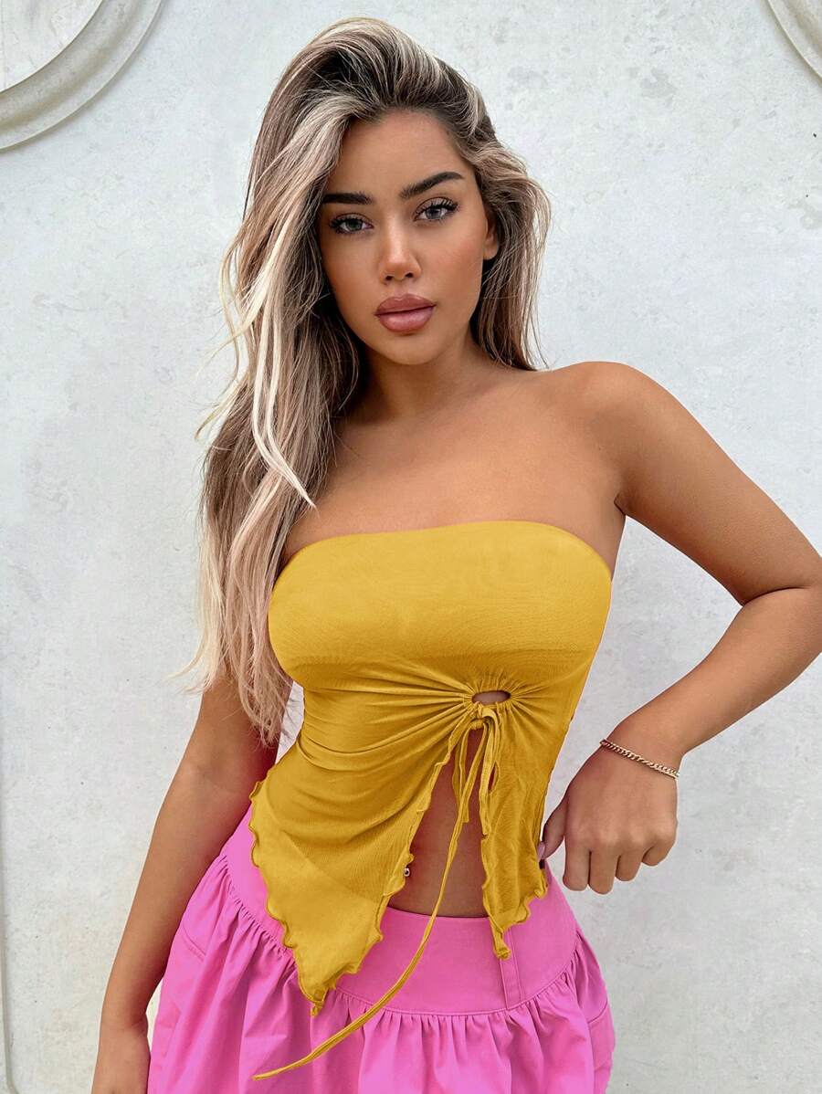 SHEIN ICON Top asimétrico sin tirantes con abertura delantera y dobladillo dividido con cintas ajustables - Amarillo - Ver 1