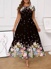 SHEIN Clasi 大码长款花卉印花度假连衣裙 - 彩色 - 查看 1