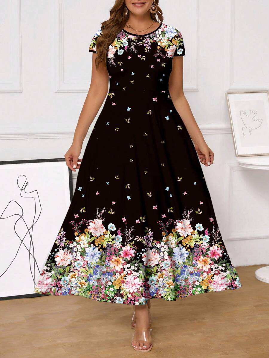 SHEIN Clasi 大码长款花卉印花度假连衣裙 - 彩色 - 查看 1