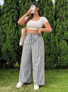 SHEIN EZwear 女性大尺寸亞麻紋理直條紋寬腿褲，適合夏季涼爽穿著 - 黑與白 - 查看 4