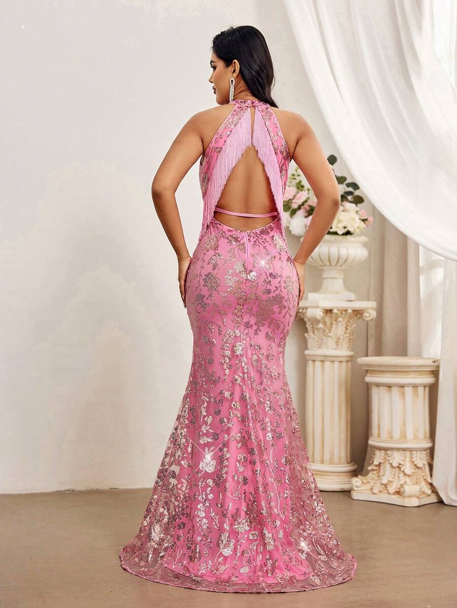 SHEIN Belle 優雅露背高跟領口吊帶長禮服，時尚長尾美人裝晚禮服