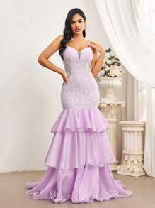 SHEIN Belle Elegante vestido ajustado con diseño de Body de sirena en estilo princesa con copa de pecho con tirantes spaghetti de tela de organza de encaje púrpura y ribetes de volantes de triple capa en el dobladillo y tirantes spaghetti para ocasiones formales de noche adecuado para ropa para padres e hijos para actividades de padres e hijos temporada de bodas temporada de graduación Día de la Madre festival de música fiesta formal de damas vestido de noche prom