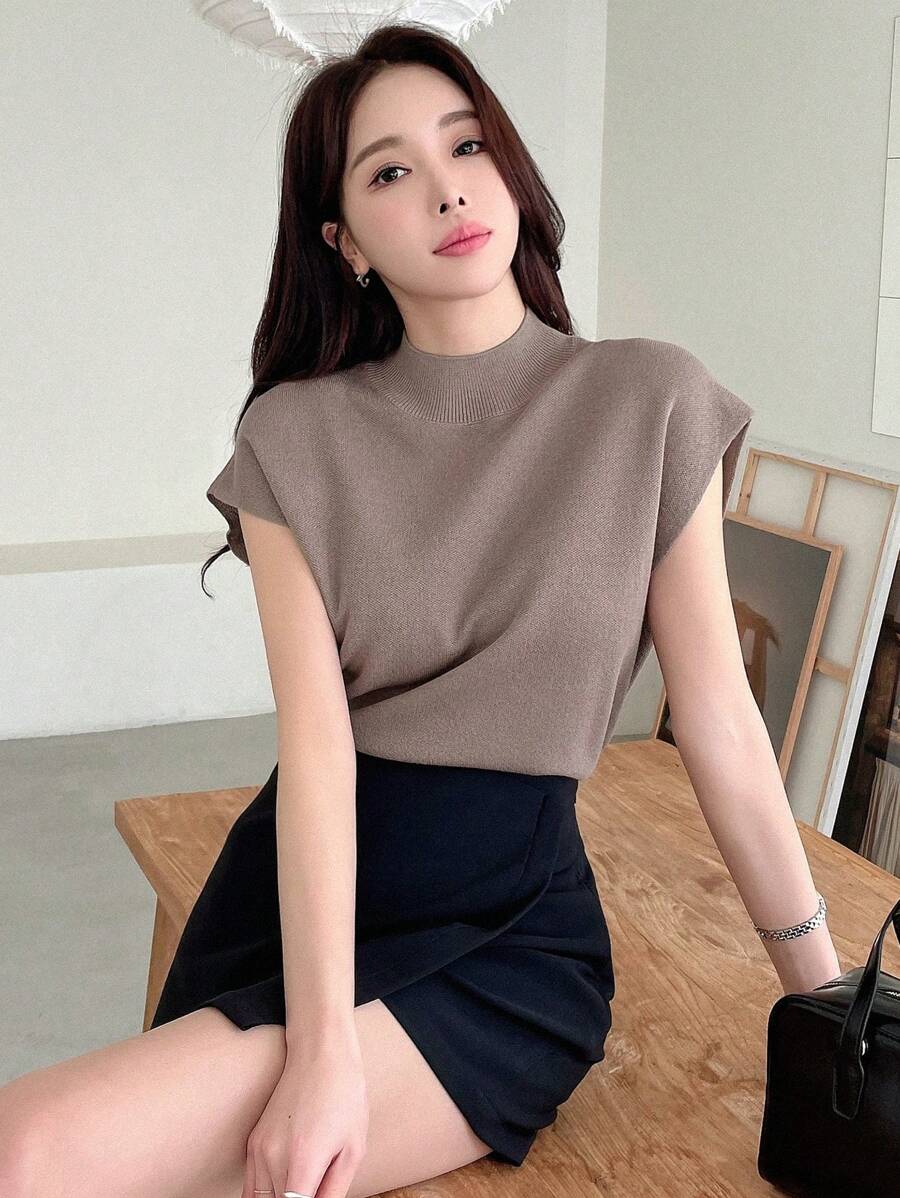 DAZY Solid Color Sleeveless Half-High Collar Knitted Top, Business Casual