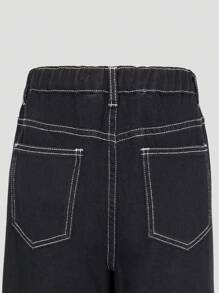 Teen Girl Rock Punk Style Embroidered Detail Raw Hem Straight Leg Jeans