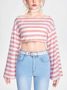 ROMWE Kawaii Striped Flounce Sleeve Tee - Pink - View 3