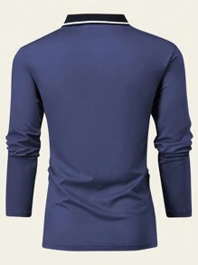 春秋時節男士翻領長袖POLO衫網色純色休閒運動服男士上衣 - 寶藍色 - 查看 2