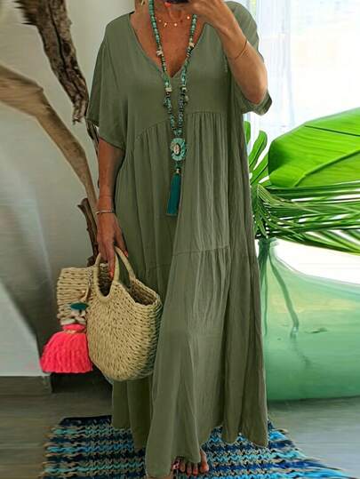 Plus Size Women's Casual Loose V-Neck Solid Color Long Dress, Summer