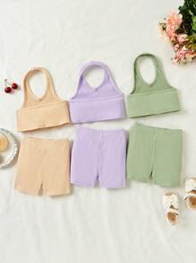 SHEIN Đứa bé gái Giải trí Dệt kim Màu thuần Dây Không lưng Top Cây trồng Và Chặt Bộ quần short - Màu tím - Xem 2