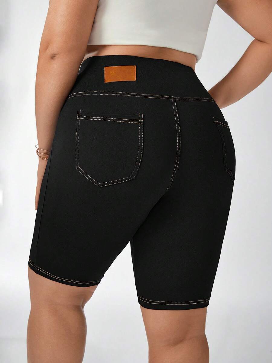 SHEIN Essnce 女士加大碼夏季拼接皮革打版緊身褲 - 黑色 - 查看 1