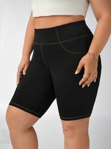 SHEIN Essnce 女士加大碼夏季拼接皮革打版緊身褲 - 黑色 - 查看 5