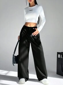 SHEIN EZwear 秋冬女士宽松直筒西装裤 - 黑色 - 查看 3