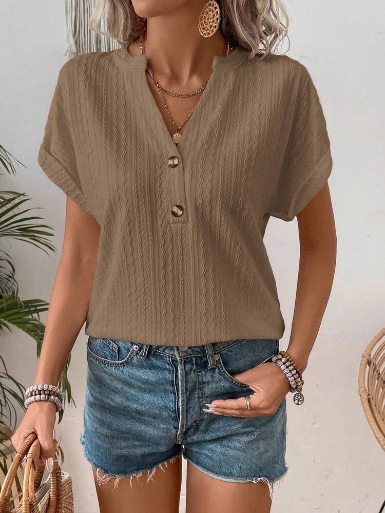 Women Fashion Solid Color Button Decor Contrast Short Sleeve Texture T-Shirt