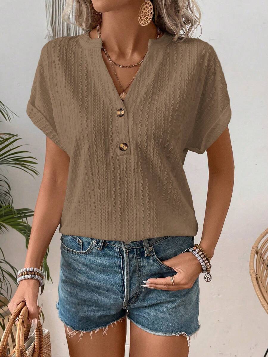SHEIN LUNE Women Fashion Solid Color Button Decor Contrast Short Sleeve Texture T-Shirt - Khaki - View 1