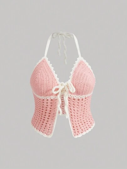 SHEIN MOD Kích thước lớn Giải trí Móc sự thêu Viền tương phản Buộc lại Dệt kim Áo Với Cái cổ Dây đeo