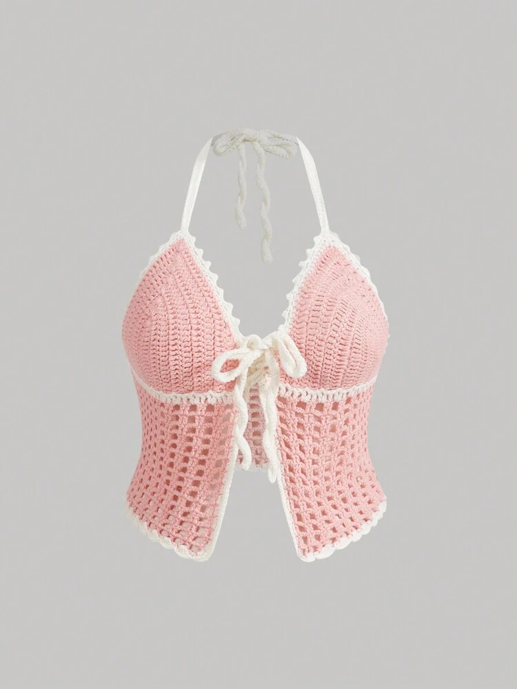 Plus Size Casual Crochet Contrast Trim Tie Back Knitted Top With Neck Strap