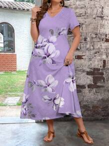 EMERY ROSE Plus-size dames bloemenprint lange getailleerde casual jurk, zomer