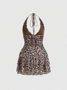 ROMWE J-Fashion Women Gyaru Fashionable Summer Mini Sexy Leopard Print Halter Dress, School - Multicolor - View 2