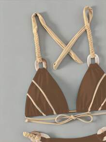 SHEIN Swim Summer Beach Women Vacation Colorblock Bikini Set - Khaki - View 3