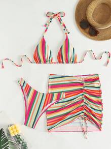 SHEIN Swim 女士条纹印花吊带比基尼套装结合沙滩罩衫和裙子 3 件套夏季 - 彩色 - 查看 1