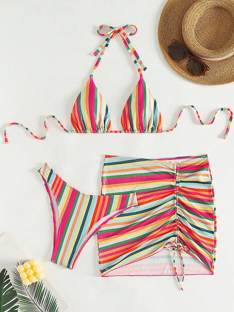 Women Striped Print Halter Neck Bikini Set Combined With A Beach Cover Up And A Skirt 3pcs Set Summer